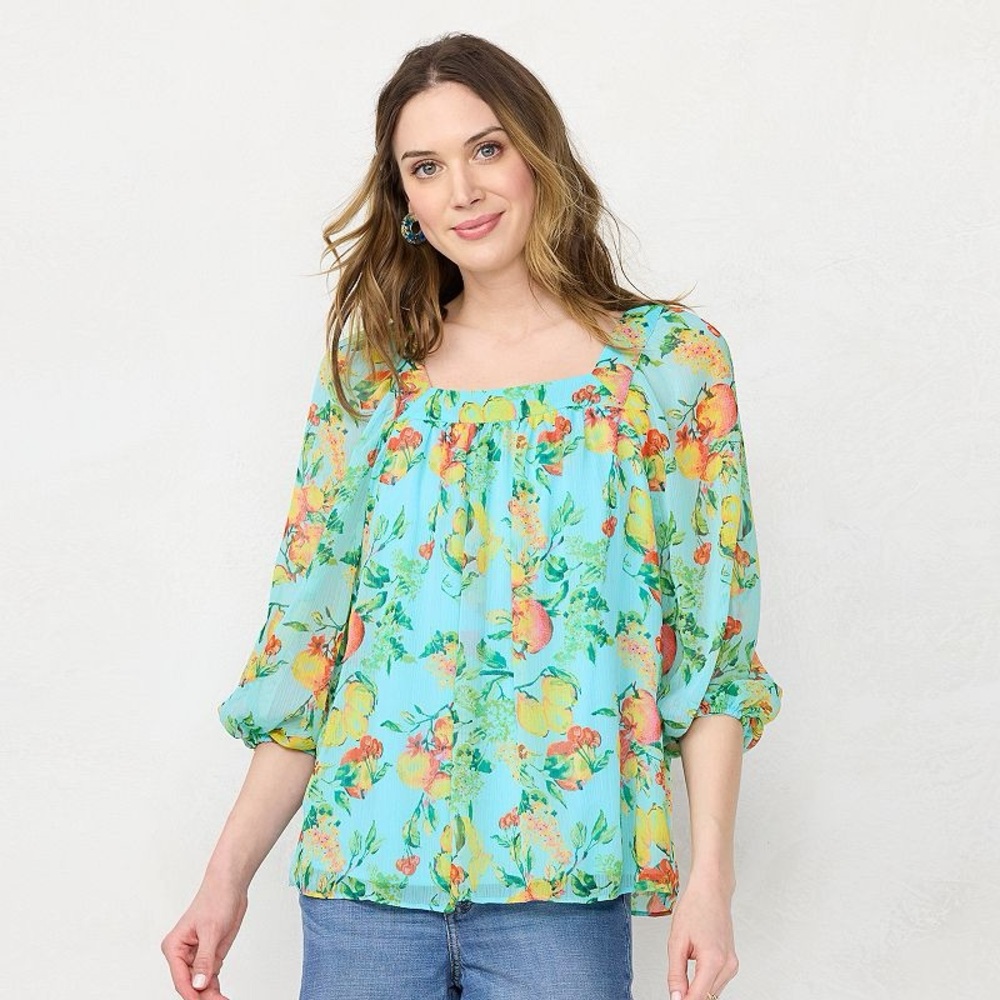 LAUREN CONRAD | 3/4 slv chiffon square neck fruit/floral print blouse/top/shirt